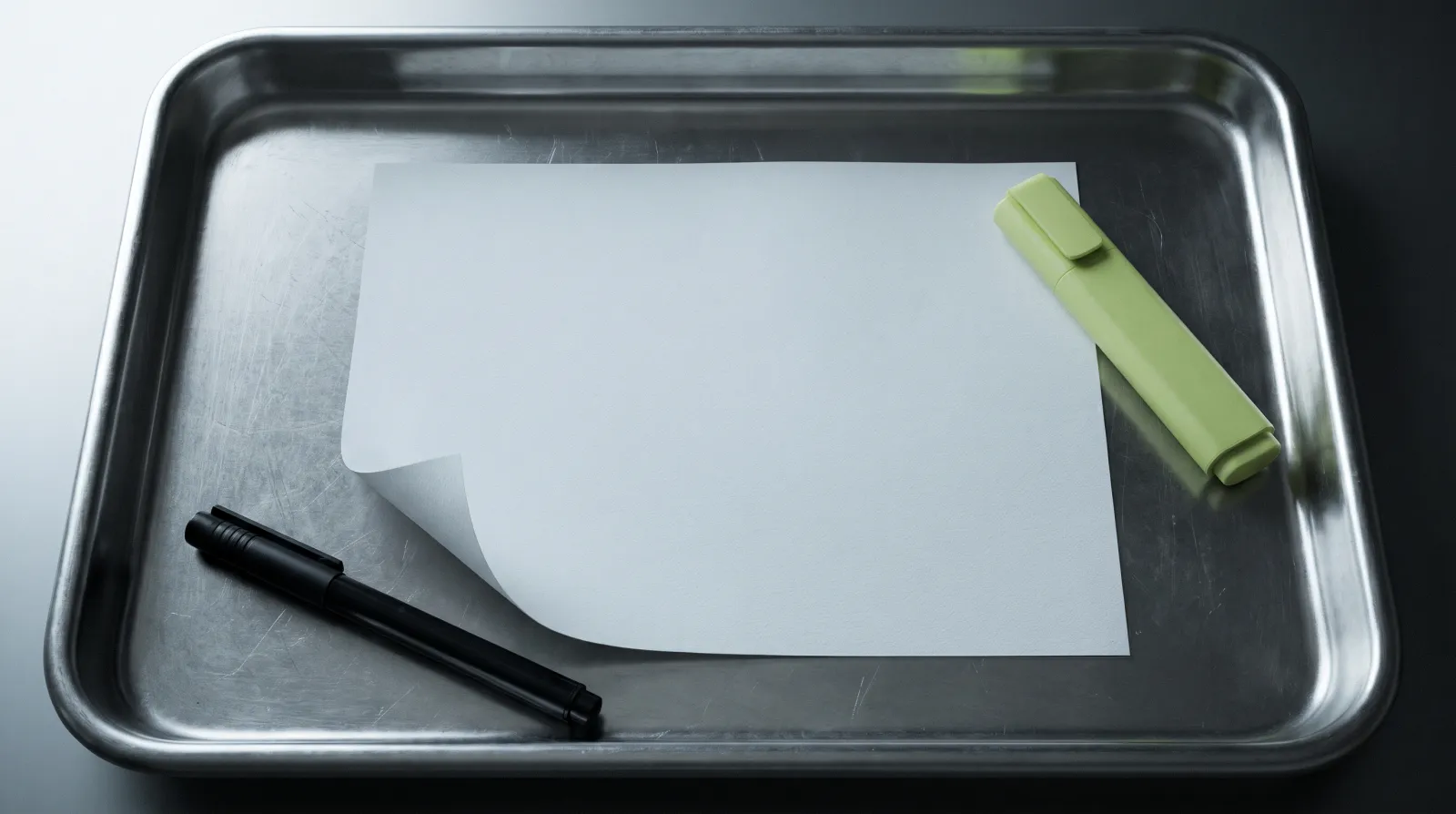 Illustrative white consultation paper on a stainless tray with a black marker and lime highlighter